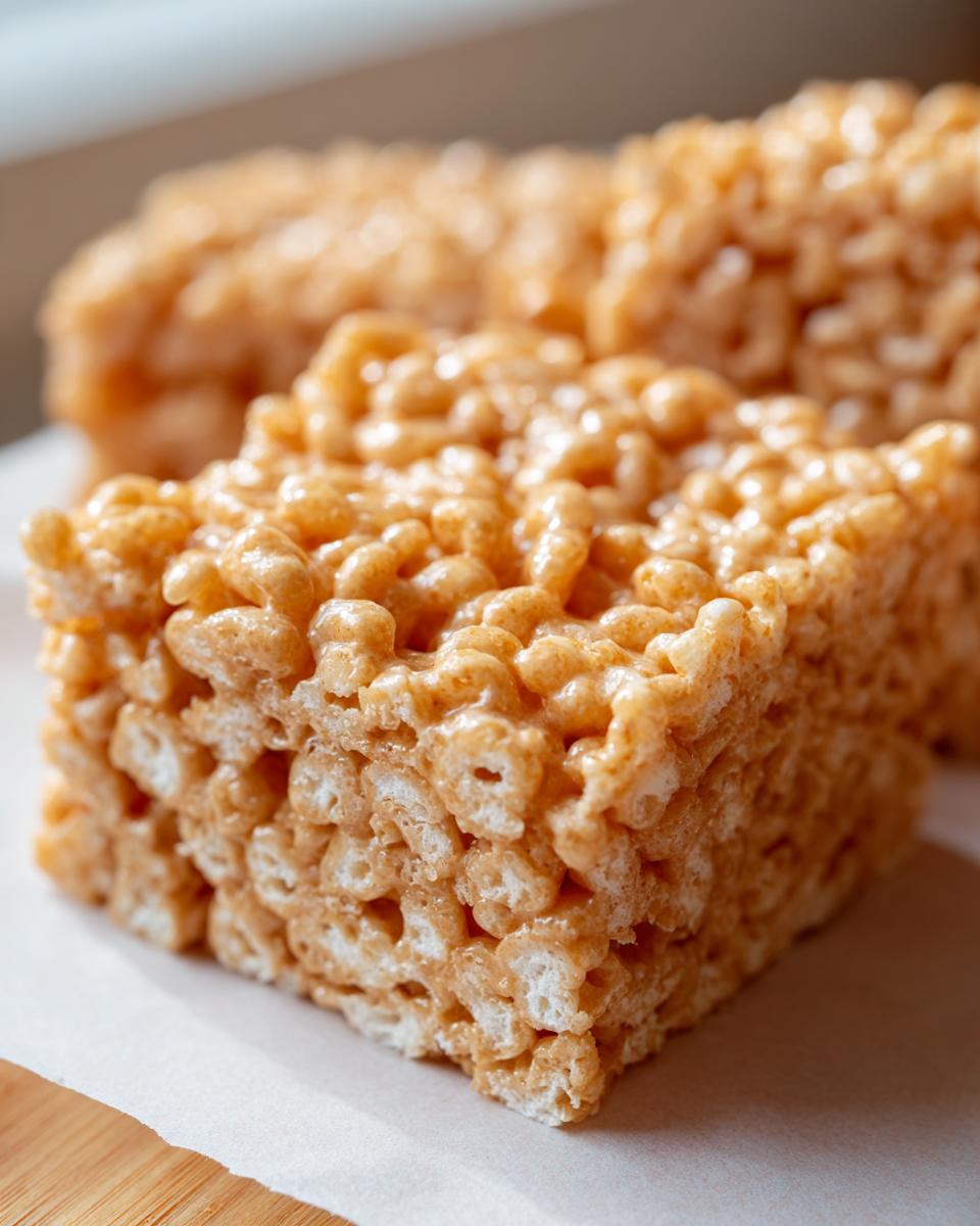 A close-up, macro shot of a freshly cut, square peanut butter rice krispie treats bar showing its chewy texture.