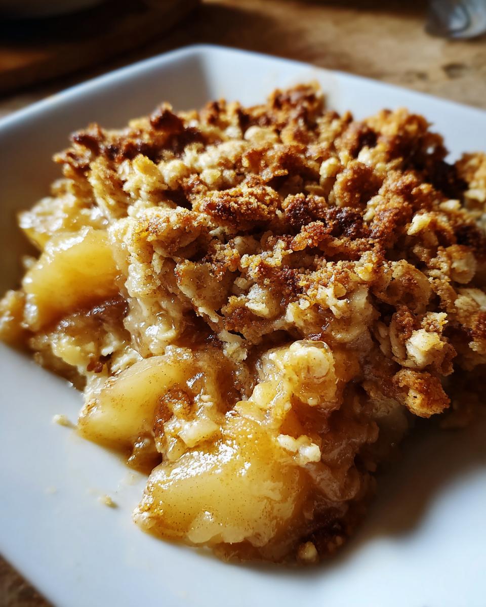A close-up shot of a scoop of warm pear crisp with a golden brown, crunchy oat topping.