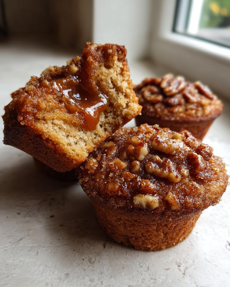 Close-up of pecan pie muffins, one broken open revealing a gooey caramel center and topped with glazed pecans.