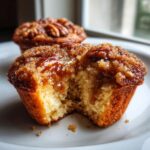 Close-up of a pecan pie muffin with a bite taken out, revealing a moist, light interior and sticky pecan topping.