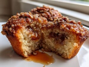 Close-up of a pecan pie muffin cut in half showing the gooey pecan filling and crumbly topping.
