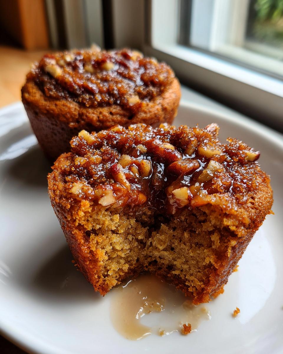 A close-up of a pecan pie muffin, cut in half to show the moist interior and gooey pecan topping.