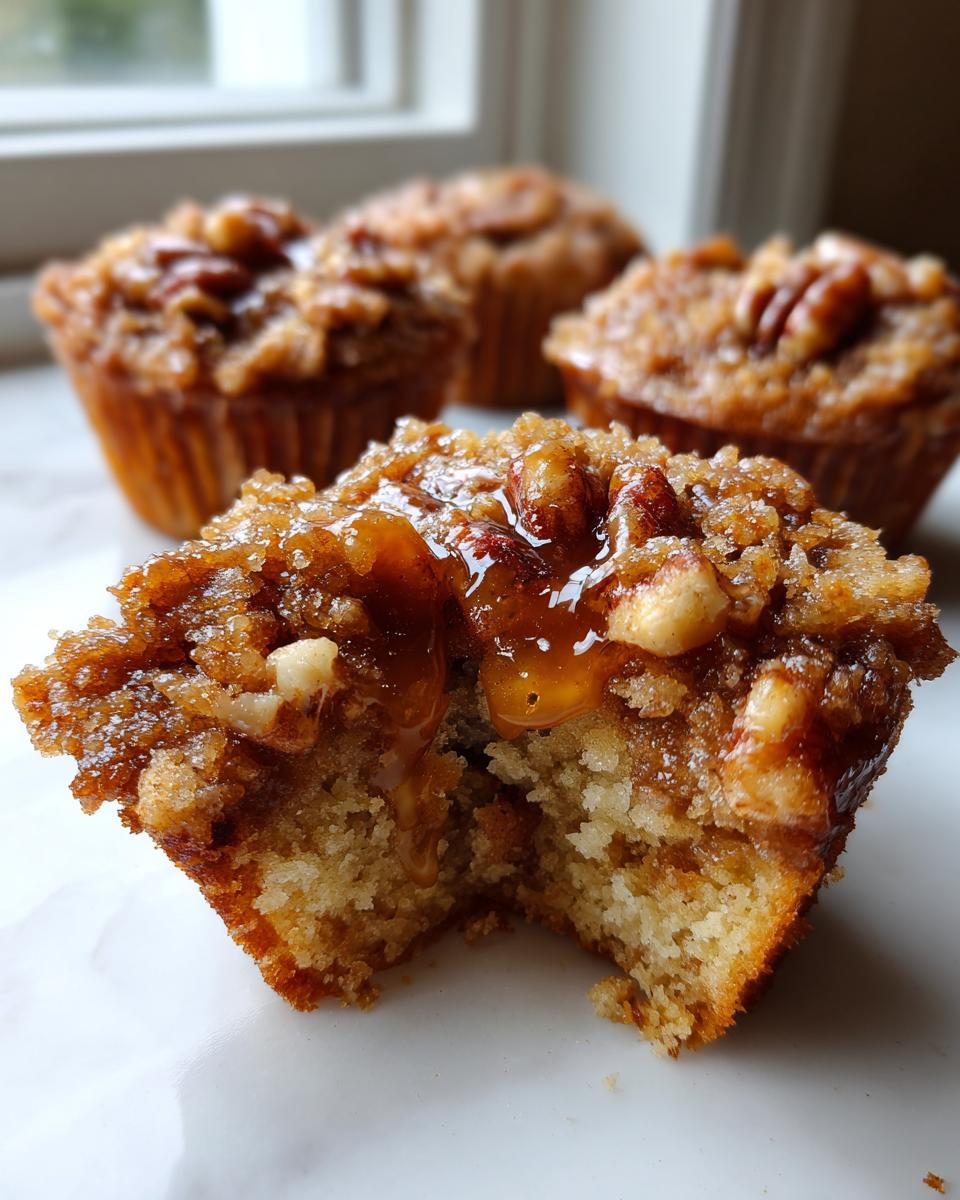 A pecan pie muffin cut in half showing a moist interior and gooey caramel topping, with more pecan pie muffins blurred in the background.