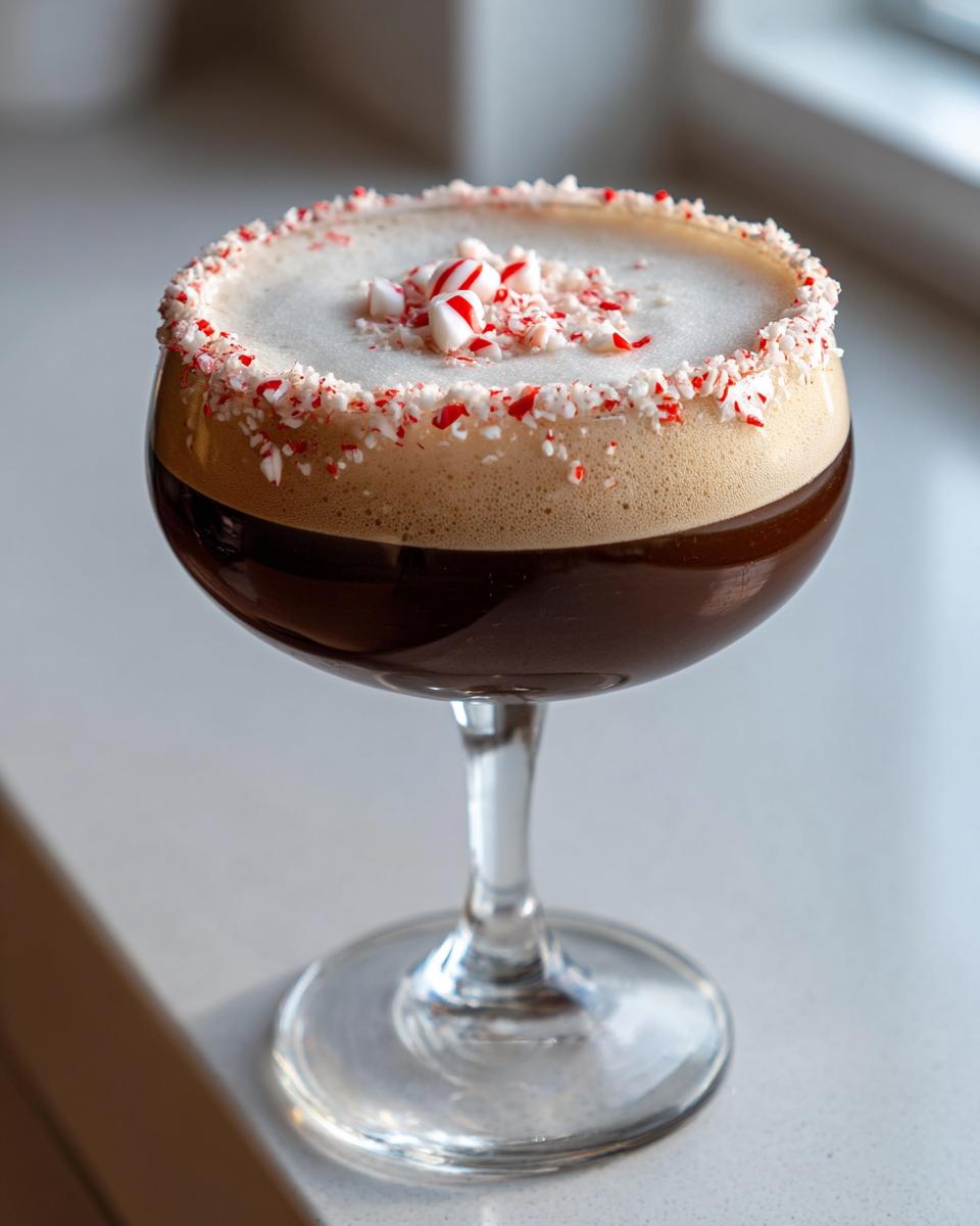 A rich peppermint espresso martini topped with foam, a crushed candy cane rim, and candy cane pieces.