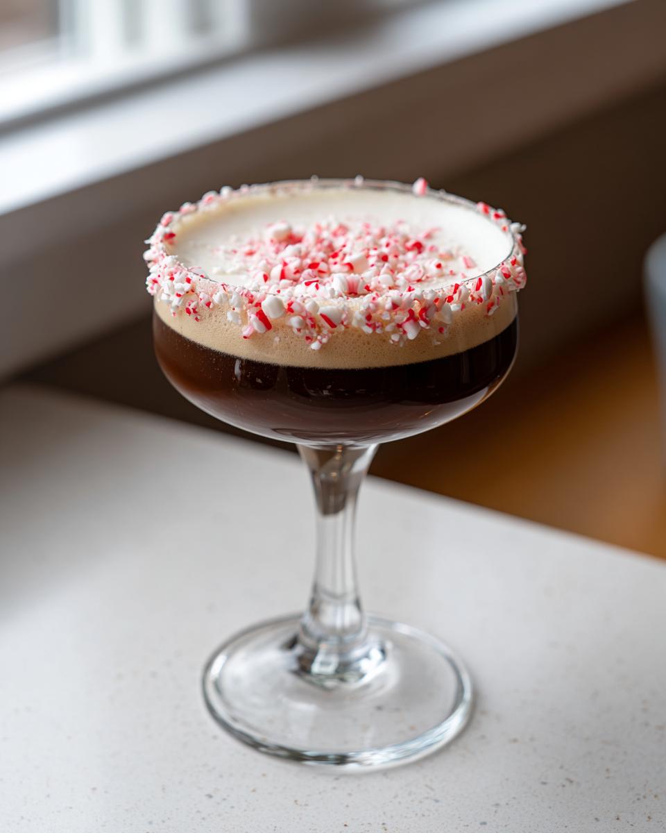 A festive peppermint espresso martini with a creamy top and crushed candy cane rim.