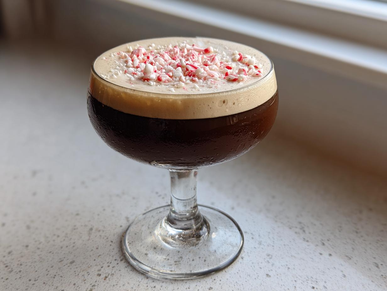 A chilled peppermint espresso martini in a coupe glass, topped with thick foam and crushed candy canes.