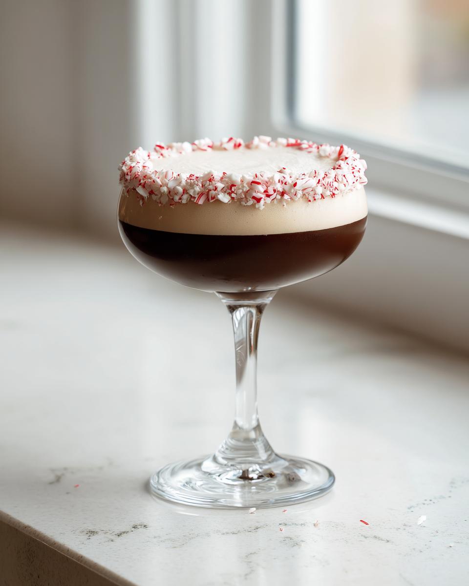 A festive peppermint espresso martini in a coupe glass, topped with foam and a crushed candy cane rim.