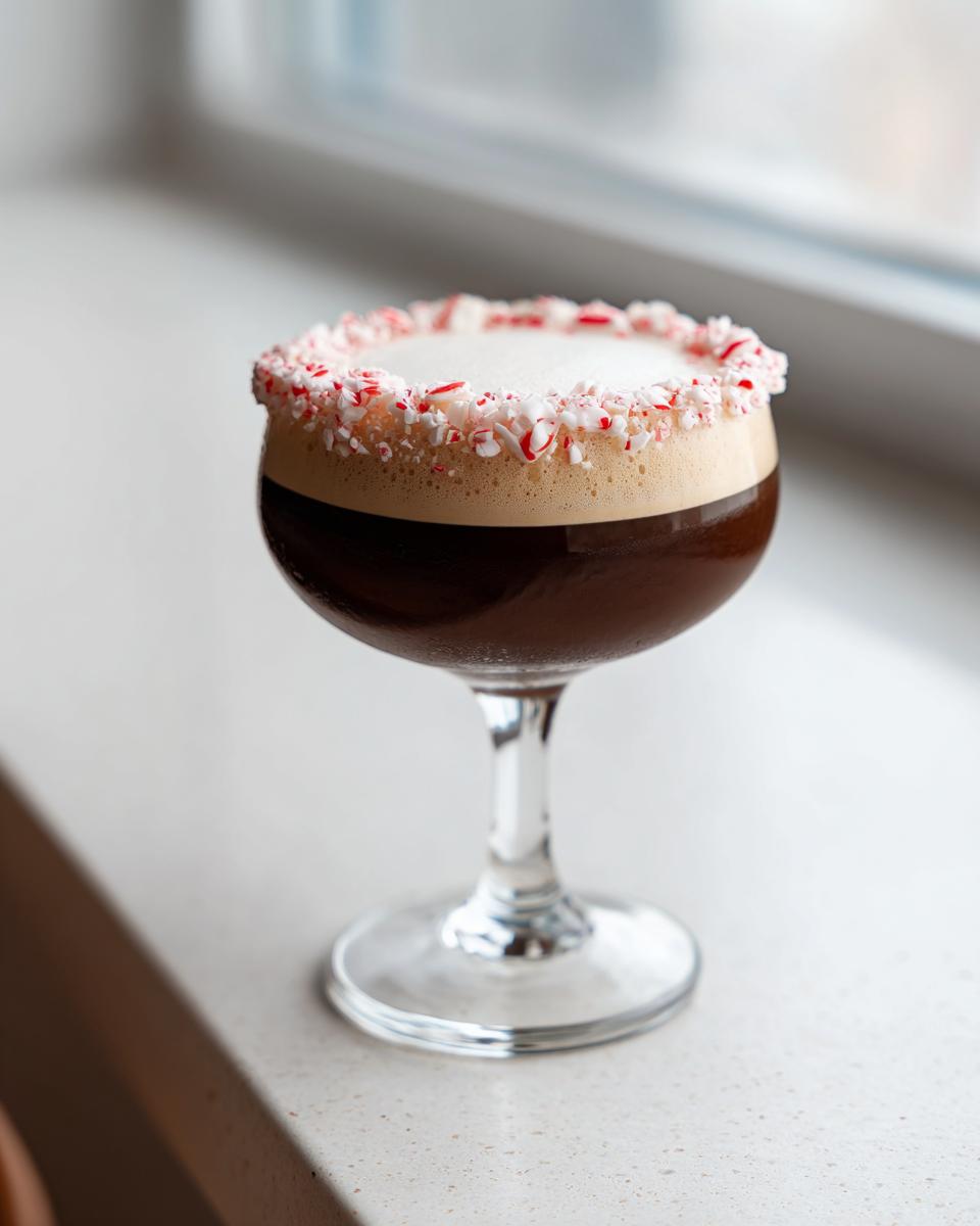 A rich, dark peppermint espresso martini topped with foam and a crushed candy cane rim.