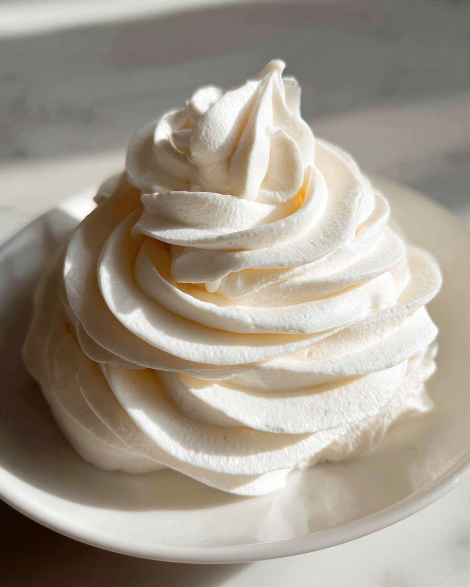 A perfectly piped swirl of white, fluffy cream cheese frosting sitting on a small white plate.