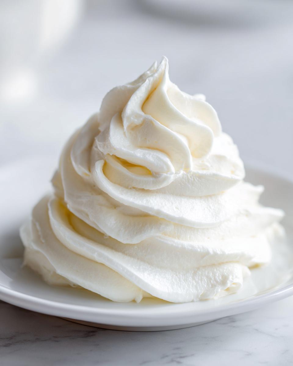 A perfectly piped swirl of smooth, white cream cheese frosting resting on a small white plate.