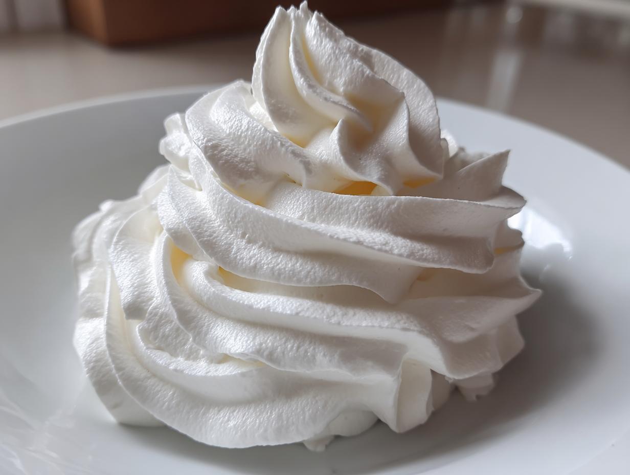 A perfectly piped swirl of white, fluffy cream cheese frosting sitting on a white plate.