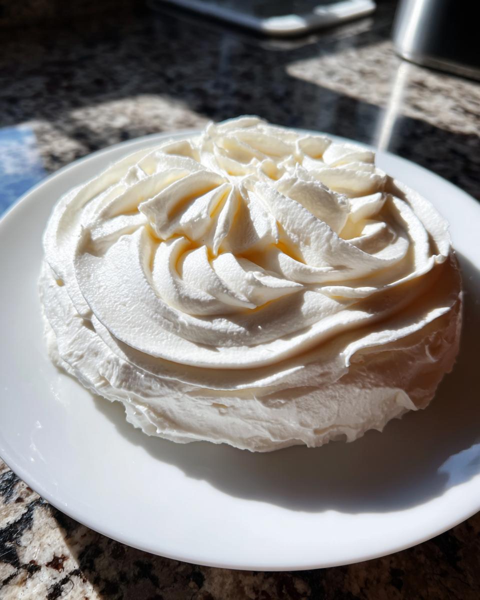 A mound of perfectly piped, fluffy white cream cheese frosting with distinct swirls, sitting on a white plate.