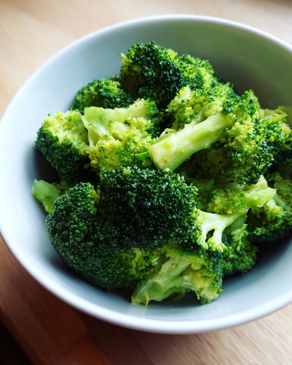 Close-up of bright green, perfectly steamed broccoli florets served in a light blue or white bowl.