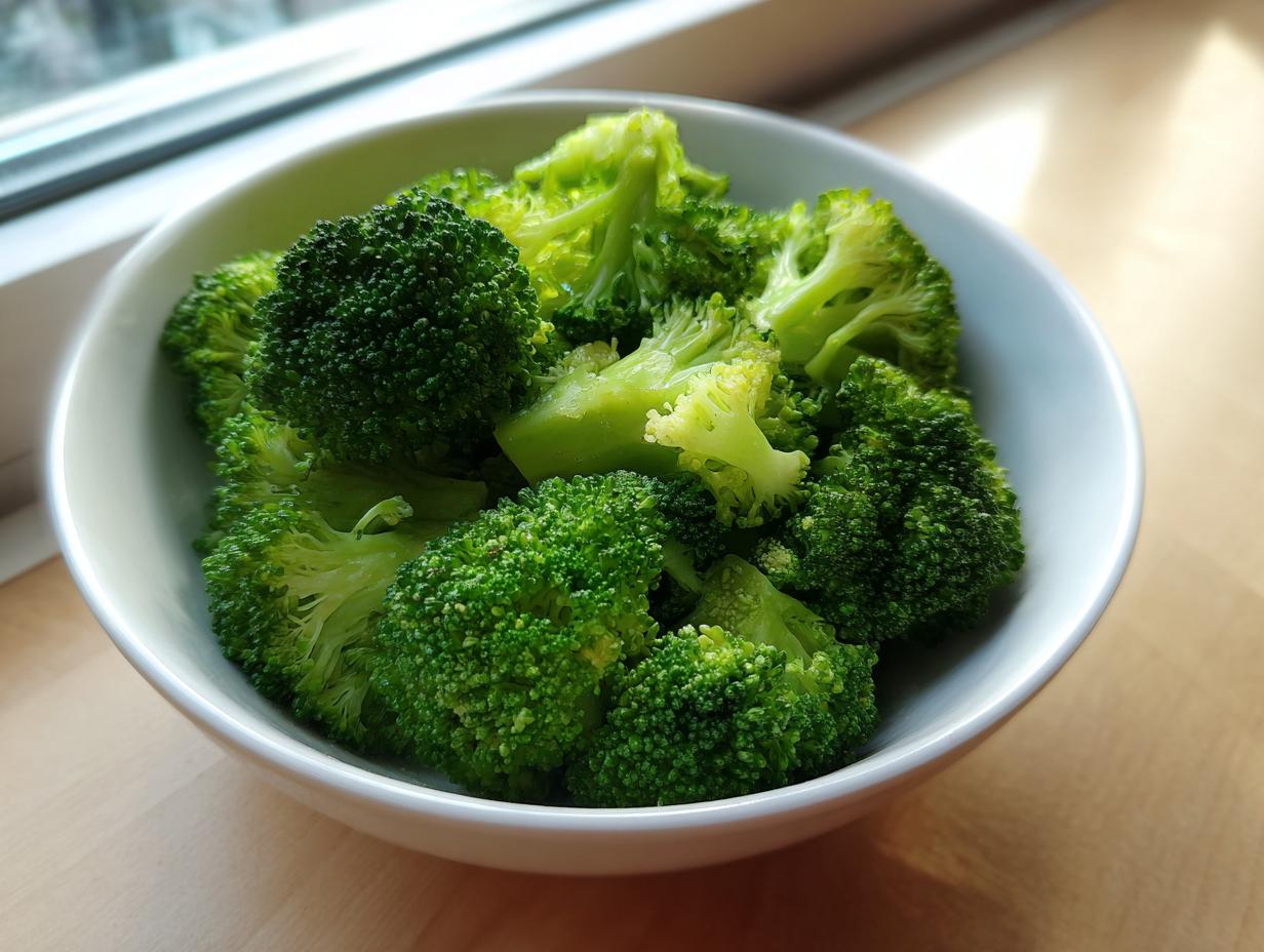 A close-up of vibrant green steamed broccoli florets served in a white bowl, ready to eat.