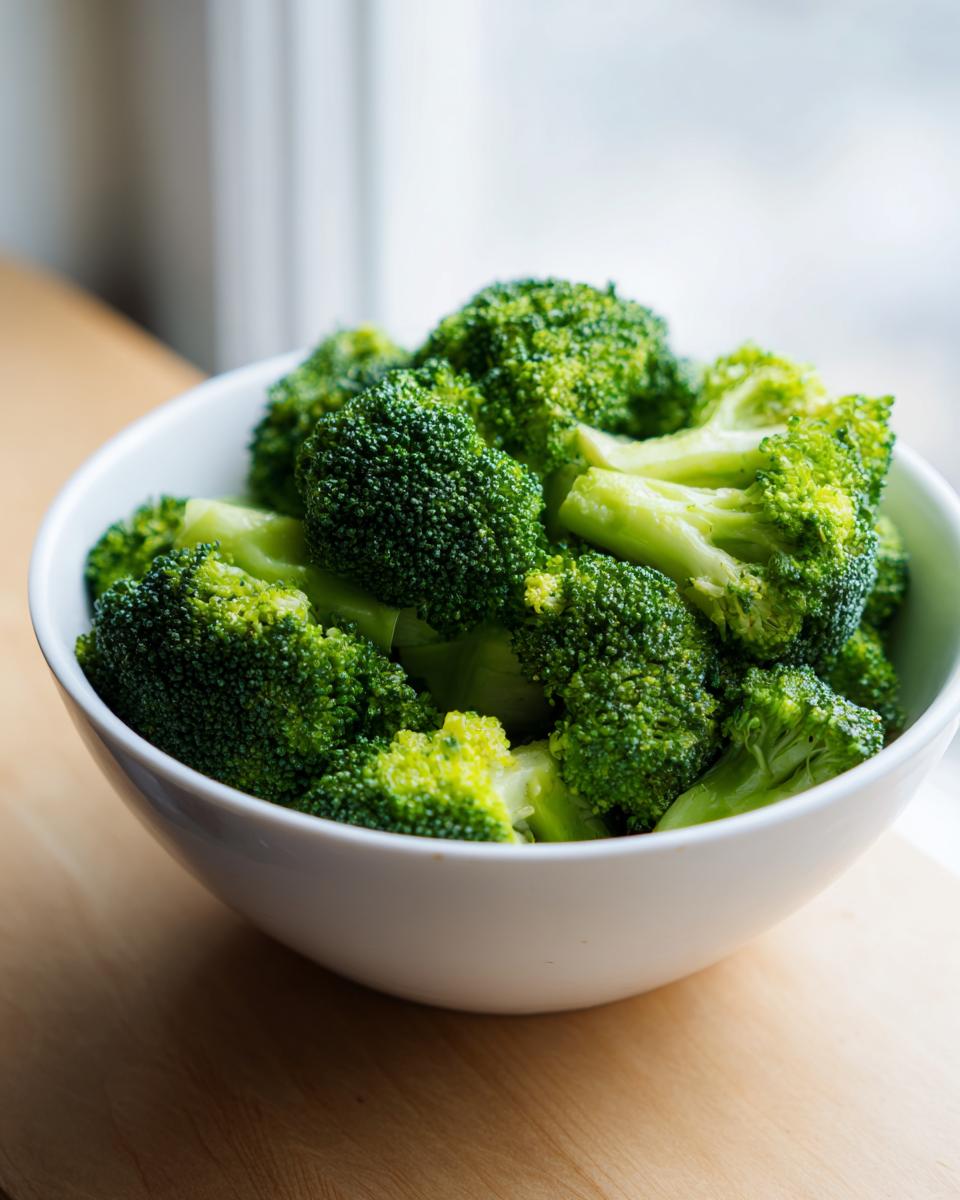 A white bowl filled with bright green, perfectly steamed broccoli florets sitting on a wooden surface.