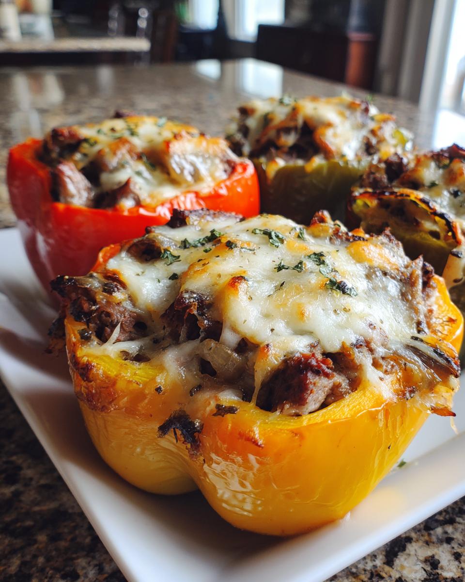 Close-up of baked philly cheesesteak stuffed peppers topped with melted white cheese and parsley.