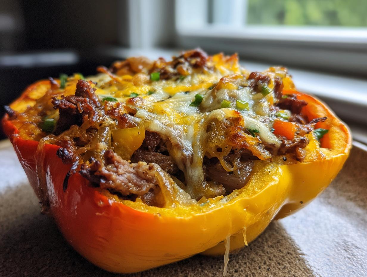 Close-up of a baked yellow bell pepper half overflowing with steak, onions, and melted cheese, a perfect philly cheesesteak stuffed peppers.