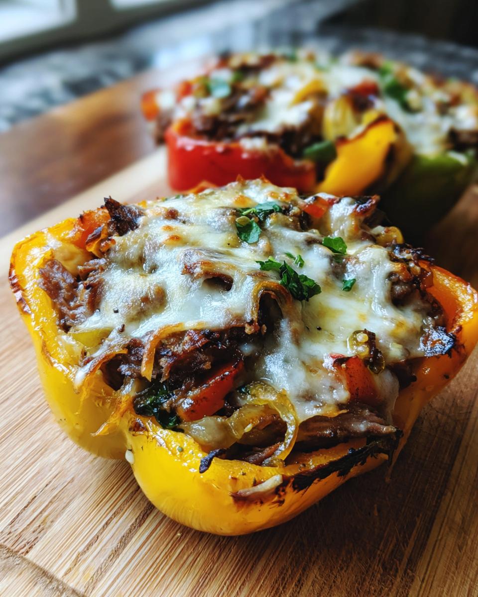 Close-up of a baked yellow bell pepper half filled with steak, onions, and topped with melted cheese, a perfect philly cheesesteak stuffed pepper.