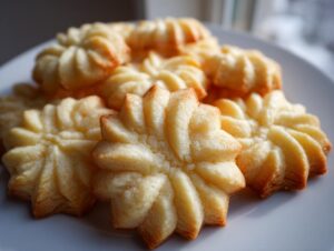 Close-up of perfectly piped, golden-brown butter cookies stacked on a white plate.
