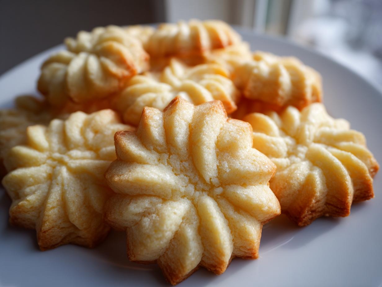 Close-up of perfectly piped, golden-brown butter cookies stacked on a white plate.