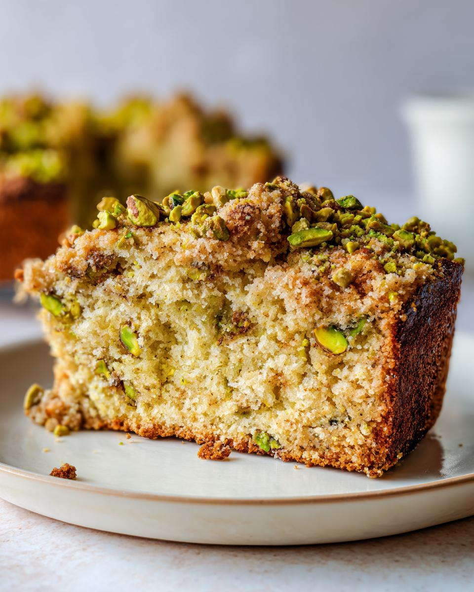 Close-up of a moist slice of pistachio coffee cake topped with streusel and chopped pistachios.