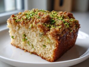 Close-up of a moist slice of pistachio coffee cake with a crumbly, brown sugar topping and bright green chopped pistachios.