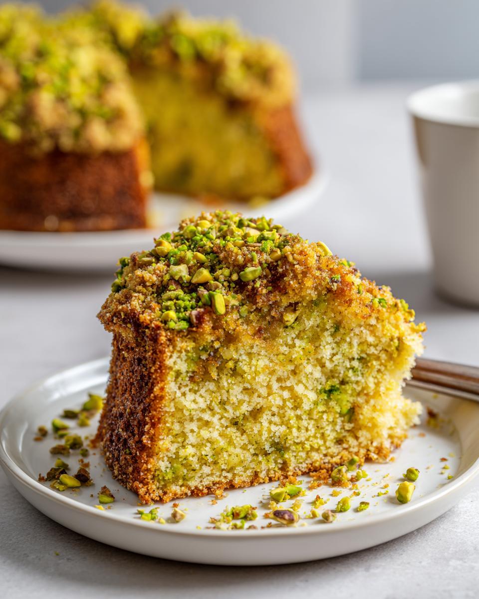 A close-up of a moist slice of pistachio coffee cake topped with chopped nuts, served on a white plate.
