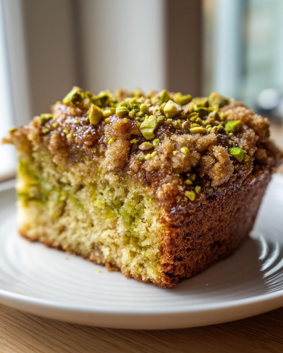 Close-up of a moist slice of pistachio coffee cake topped with brown sugar streusel and chopped pistachios.