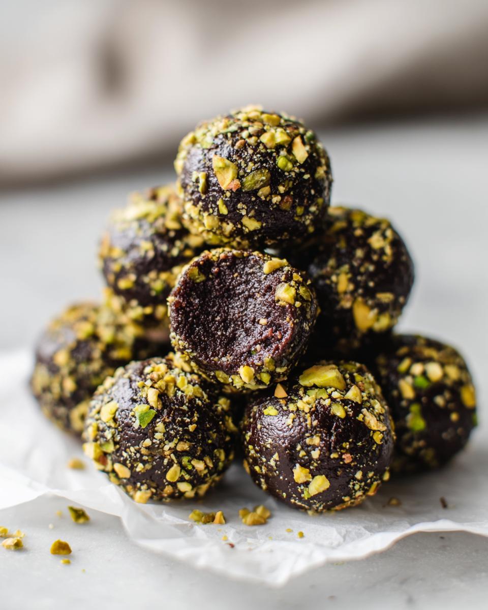 A stack of rich, dark Dubai chocolate balls rolled in chopped pistachios, with one ball cut open showing the dense interior.
