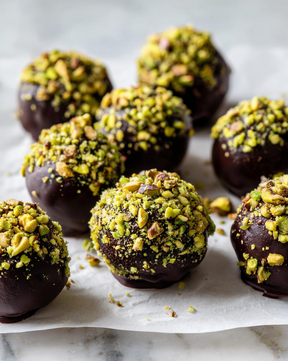 Close-up of several decadent dubai chocolate balls coated in dark chocolate and topped with bright green crushed pistachios.