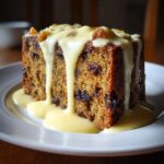 A thick slice of dark, fruit-filled plum pudding generously covered in flowing vanilla custard sauce.