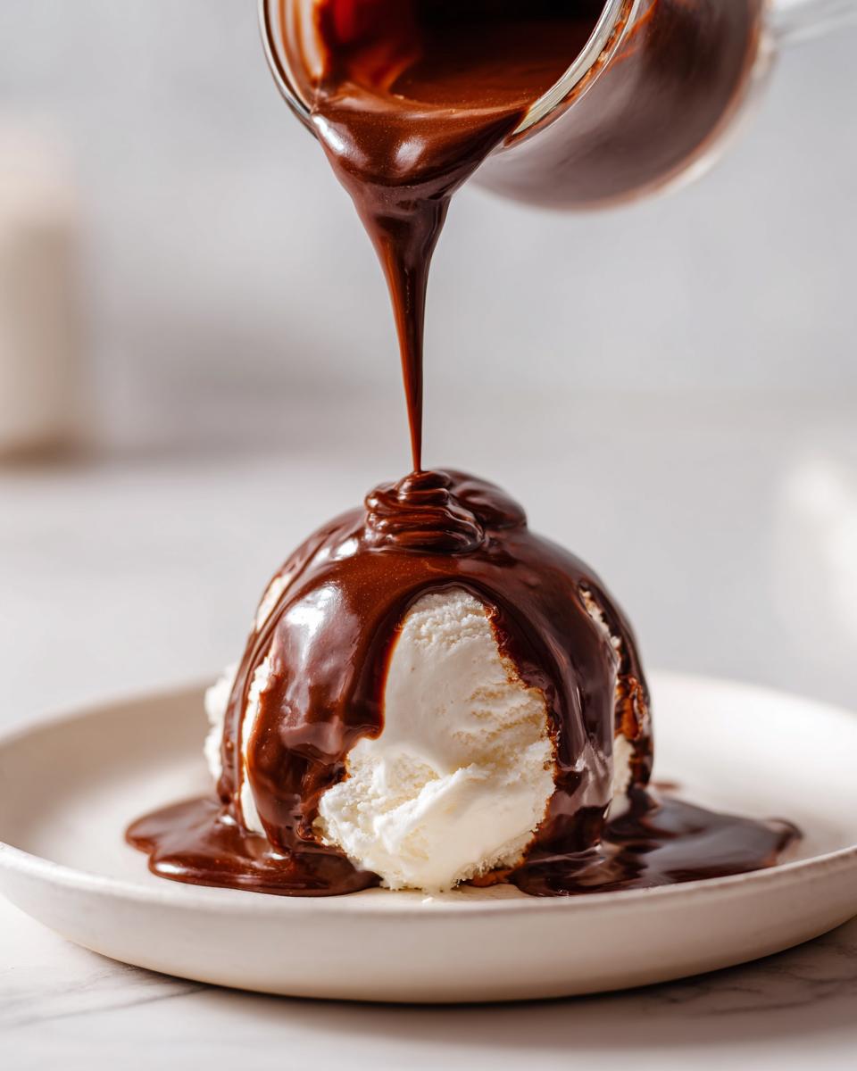 Thick, homemade chocolate syrup being poured from a glass pitcher onto a scoop of vanilla ice cream.