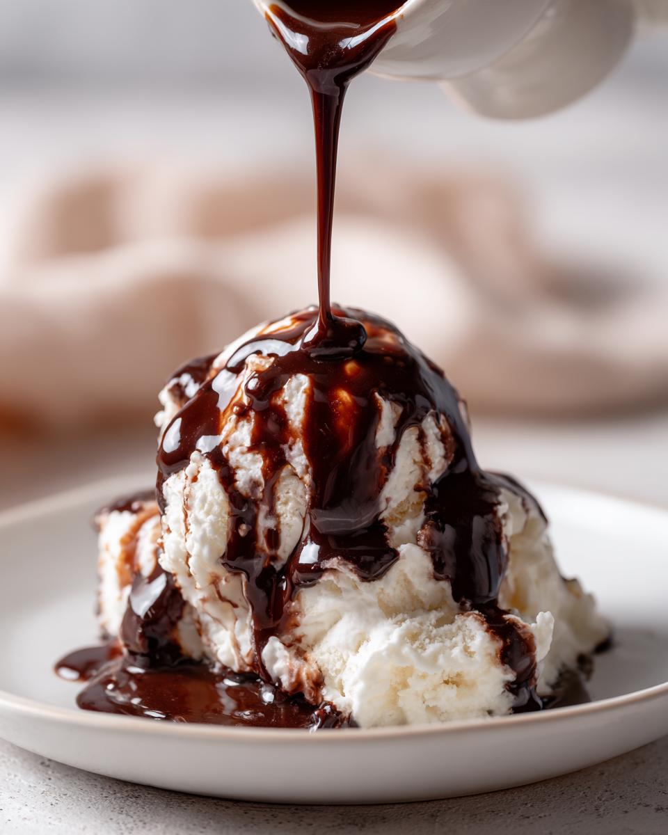 Thick, rich chocolate syrup being poured from a white pitcher onto scoops of vanilla ice cream.