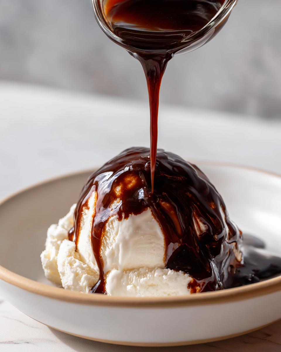 A thick stream of homemade chocolate syrup is being poured from a glass pitcher onto a scoop of vanilla ice cream.