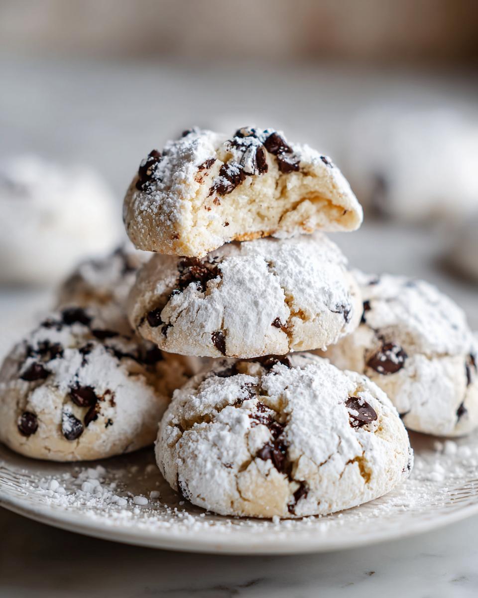 A stack of soft, crinkle-topped cannoli cookies dusted heavily with powdered sugar and filled with chocolate chips.