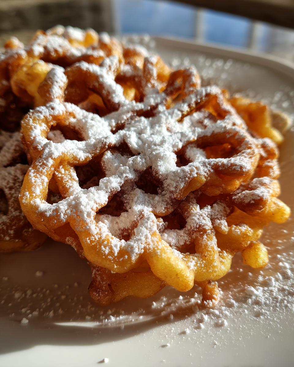 Close-up of golden-brown, crispy funnel cake recipe pieces generously dusted with white powdered sugar on a white plate.