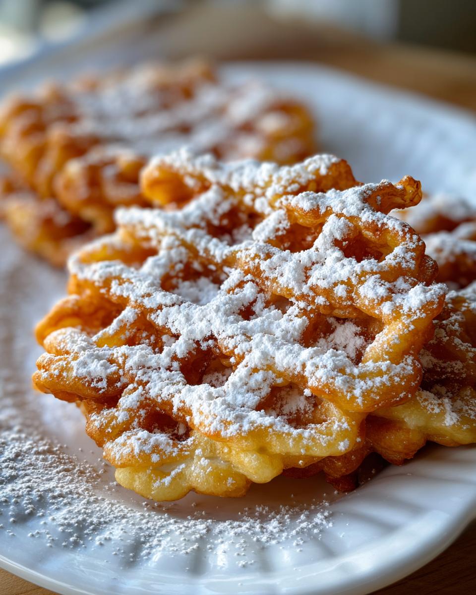 Close-up of a freshly fried funnel cake recipe generously dusted with white powdered sugar on a white plate.