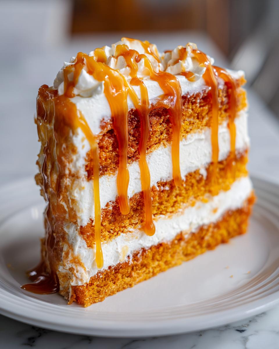A tall slice of pumpkin poke cake layered with white frosting and heavily drizzled with rich caramel sauce.