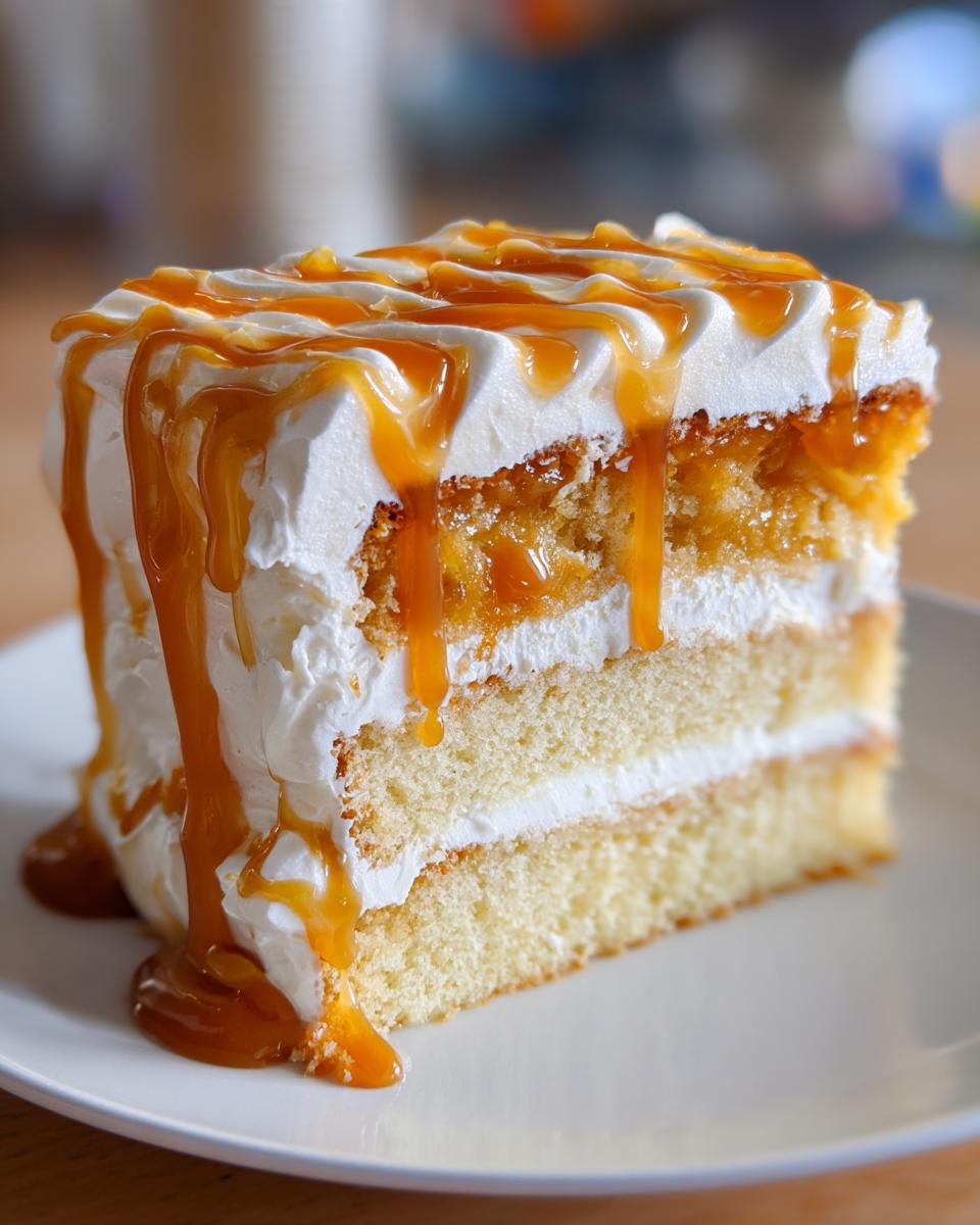 A tall slice of pumpkin poke cake layered with white frosting and generously drizzled with thick caramel sauce.