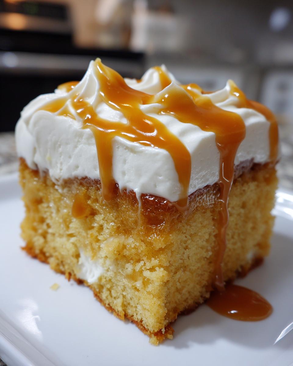 A close-up of a moist slice of pumpkin poke cake topped with whipped cream and dripping caramel sauce.