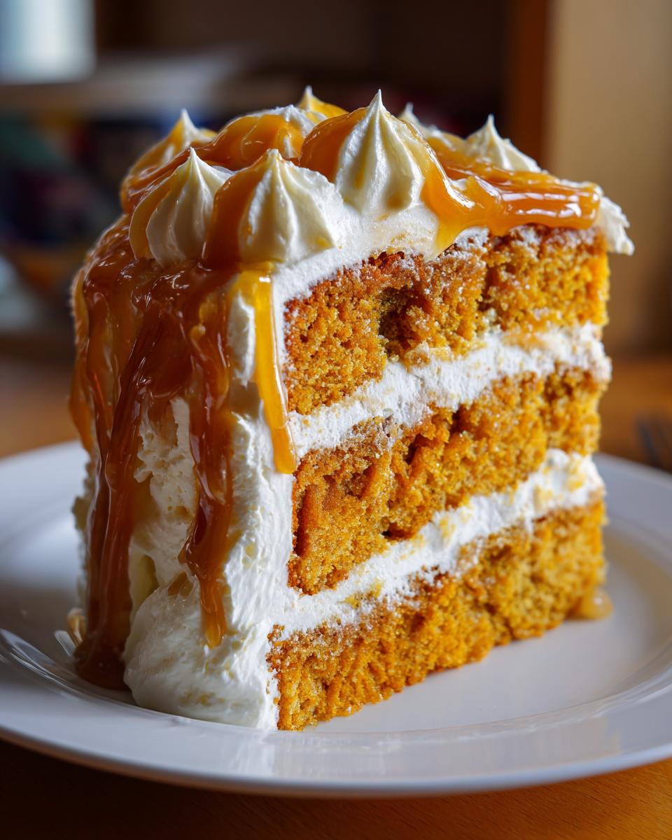A tall slice of moist pumpkin poke cake layered with white frosting and topped with caramel sauce.