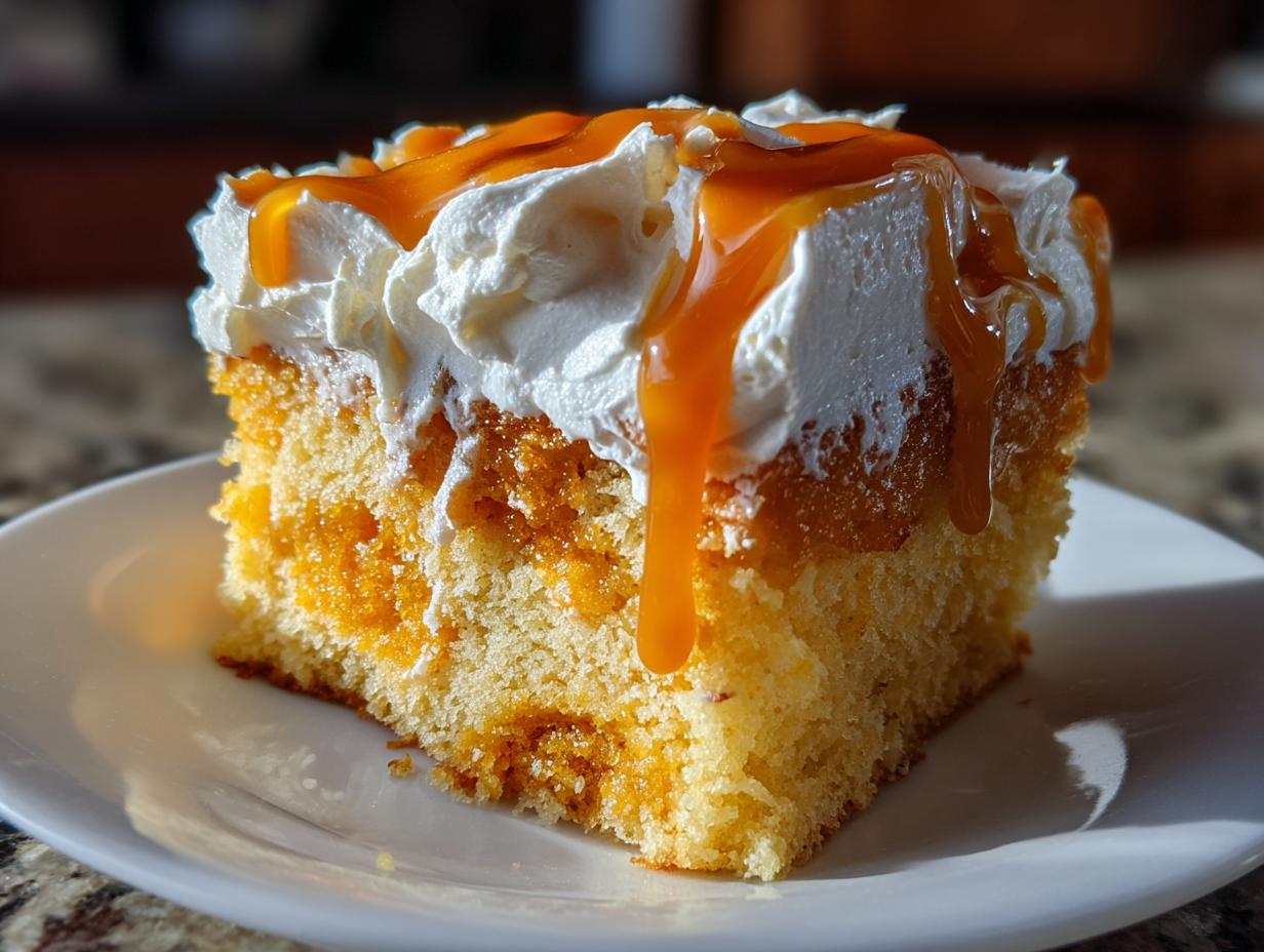 Close-up of a slice of moist pumpkin poke cake topped with whipped cream and drizzled generously with caramel sauce.