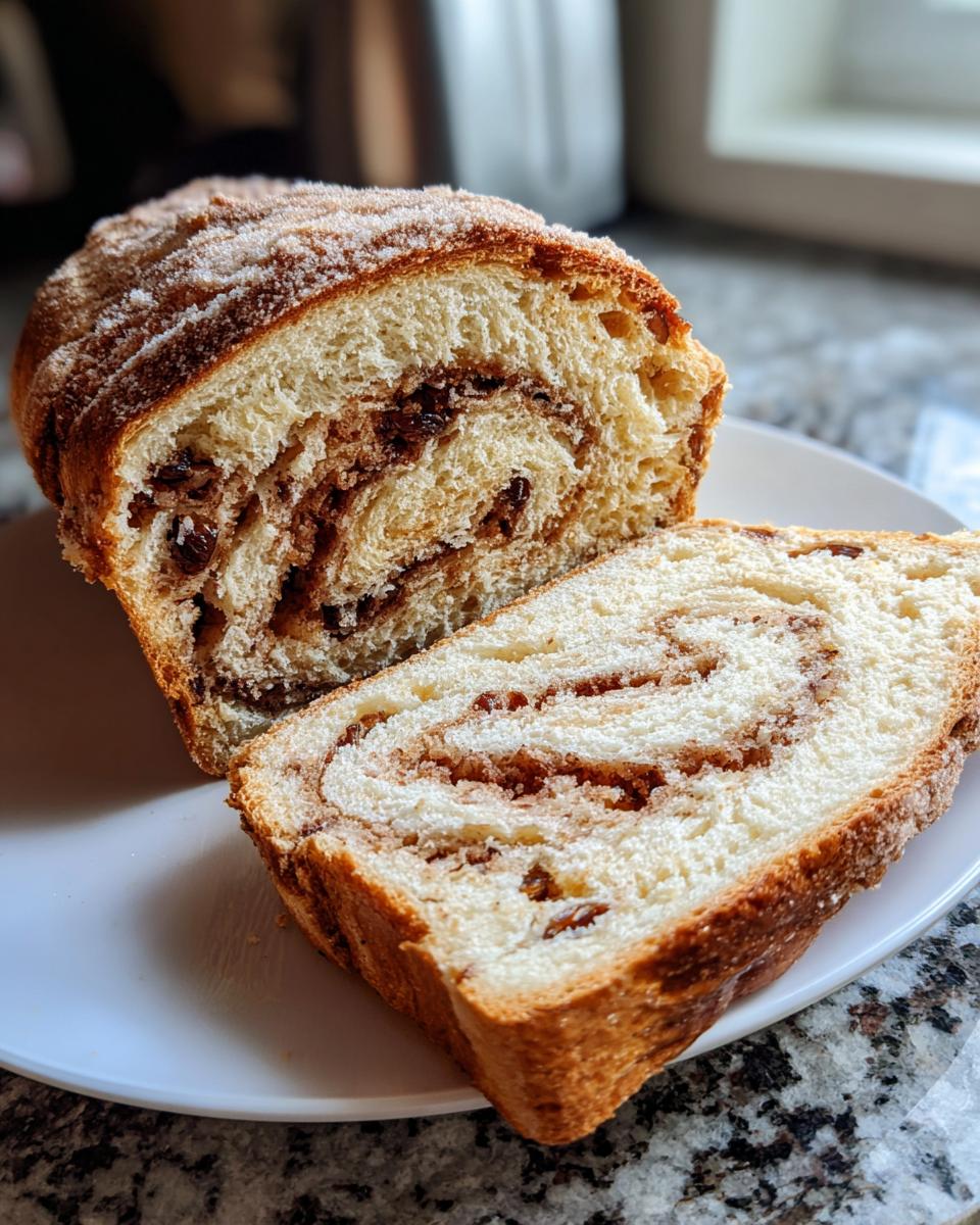 A loaf of freshly baked raisin bread, sliced to show the cinnamon swirl interior and sugar topping.