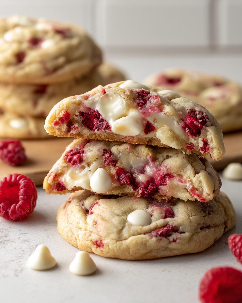 A stack of two raspberry cheesecake cookies cut in half, revealing a gooey white chocolate center and bright red raspberry pieces.