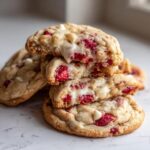Stack of soft raspberry cheesecake cookies showing melted white chocolate and bright red raspberry pieces inside.