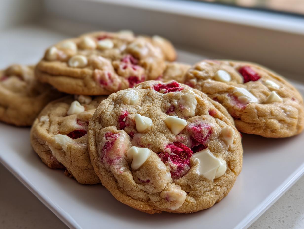 A close-up of several soft, golden raspberry cheesecake cookies studded with white chocolate chips and visible pieces of bright red raspberry.