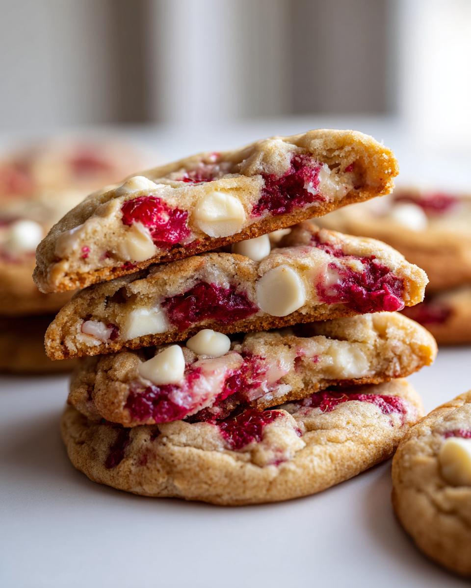 Close-up of stacked raspberry cheesecake cookies cut in half showing gooey raspberry filling and white chocolate chips.