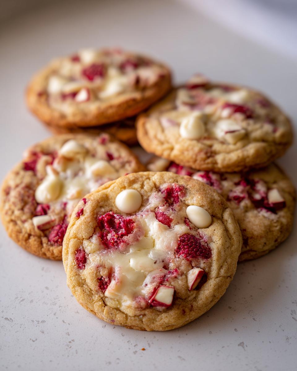 A stack of freshly baked raspberry cheesecake cookies featuring bright red raspberry pieces and melted white chocolate chips.