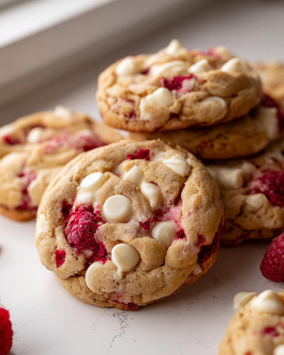 A close-up stack of freshly baked raspberry cheesecake cookies featuring visible white chocolate chips and bright red raspberry swirls.