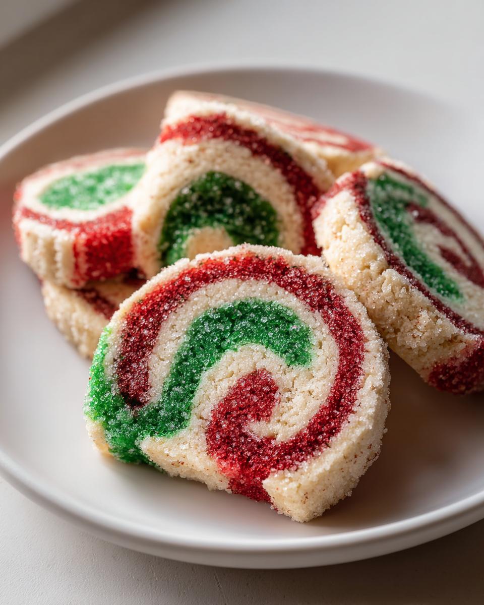 Close-up of several festive red and green pinwheel cookies slices dusted with sugar on a white plate.